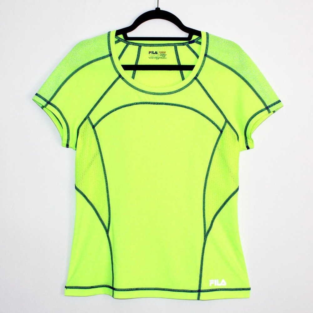 Fila Sport Neon Yellow Overlock Stitch and Mesh Paneled Athletic Top